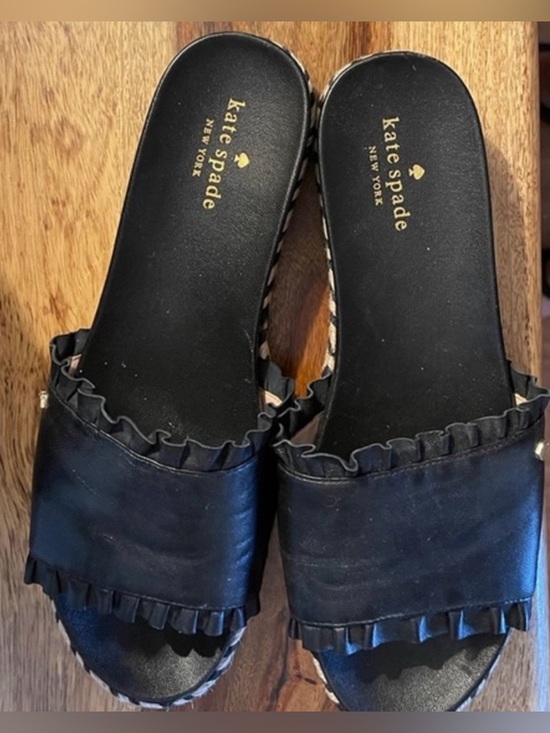 kate spade Shoes - Kate Spade Zahara Slide Sandals Black Leather Espadrille Ruffle Flats